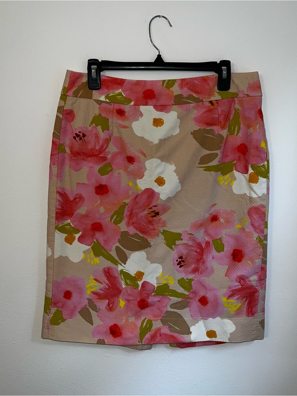 J. Crew Beige Floral Pencil Skirt with Pink Blooms